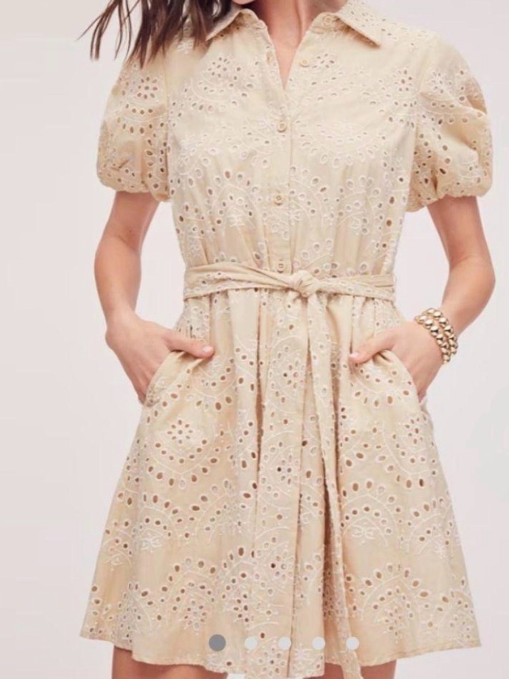 Sam Edelman Beige Eyelet Tie-Waist Mini Dress